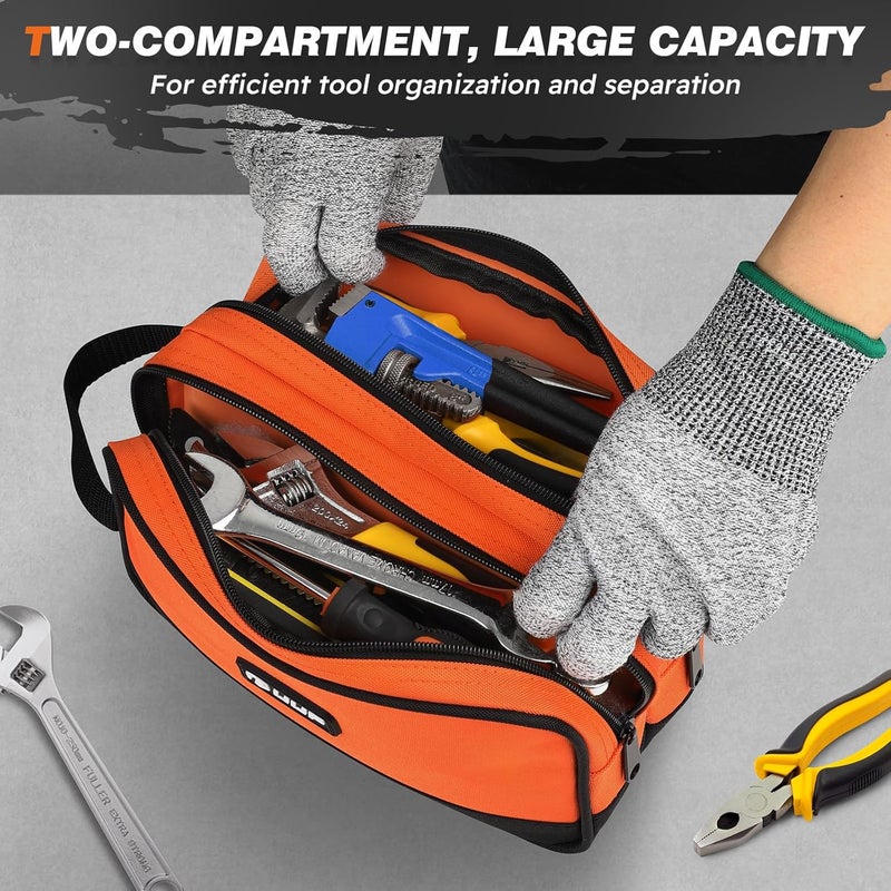 UUP 10 Inch Small Tool Bag, Zipper Tool Pouch Two Compartments Heavy Duty, Utility ToolBag with Carrying Handle, Tools Storage Organizer for Electrician Mechanic, Gift for Men Dad,Orange - Image 3